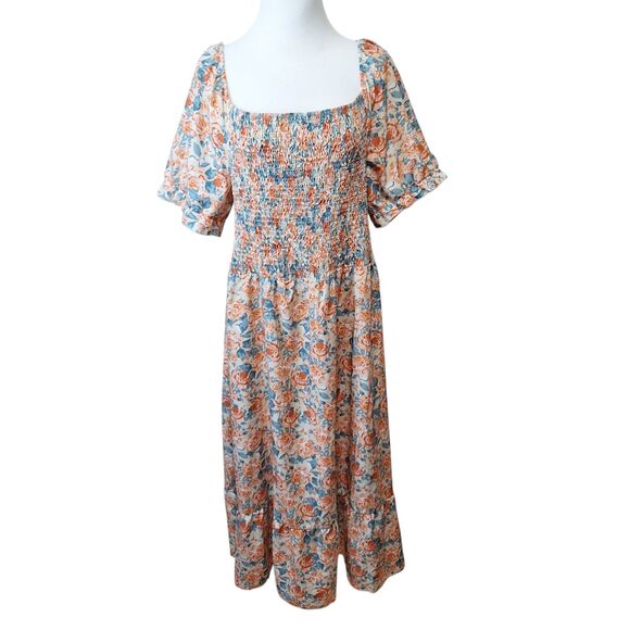SHEIN VCAY Allover Floral Print Square Neck Puff Sleeve Dress Womens 4XL Smocked - Picture 1 of 10